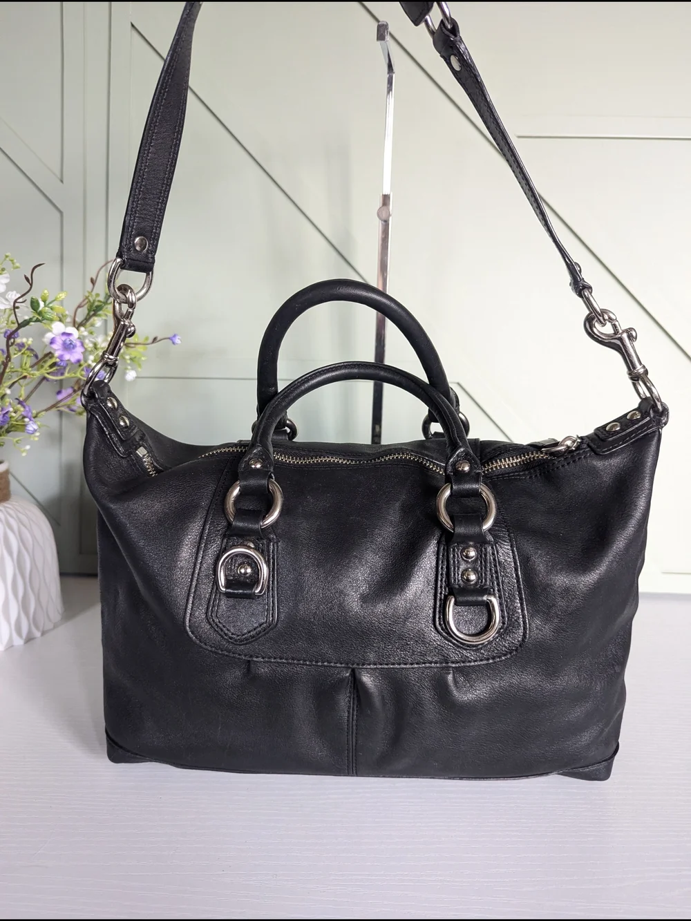 Coach Black Leather Satchel with Detachable Shoulder Strap